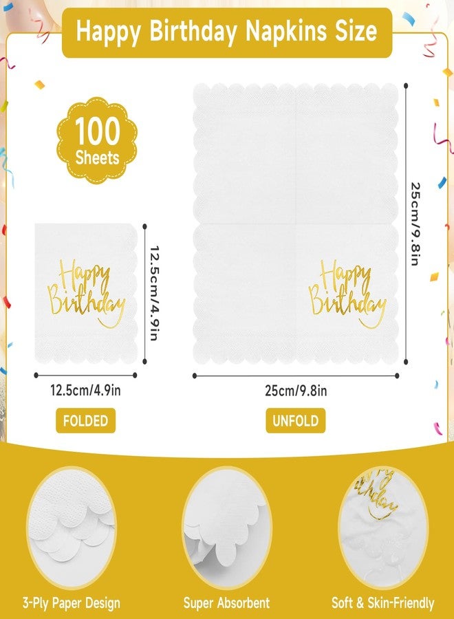MEINV 100 Happy Birthday Napkins - Disposable Scalloped Gold Foil Birthday Cocktail Napkins, 3-Ply Golden and White Dinner Paper Napkin for Men Women Birthdays Party Decorative Supplies (Gold) - Image 2